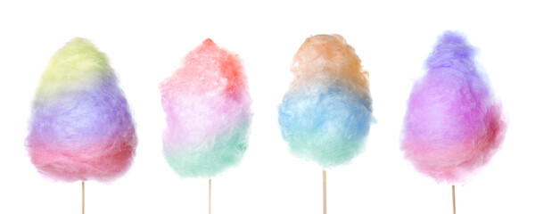 Set of tasty cotton candies on white background