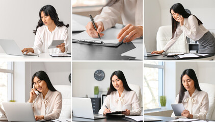 Obraz na płótnie Canvas Collage of photos with beautiful Asian secretary working in office