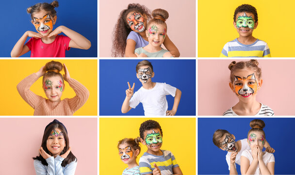 Funny children with face painting on color background