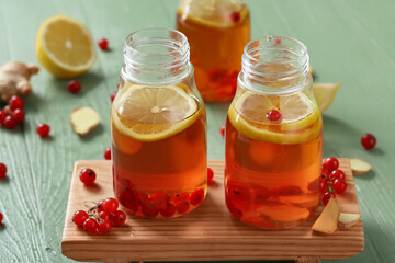 Bottles of fresh ice tea on table