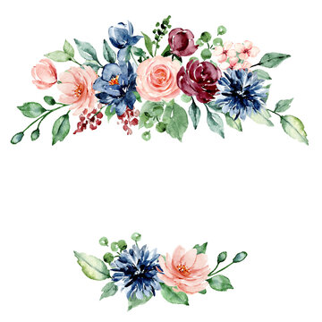 Wreath border with watercolor flowers hand painting, floral vintage pink and blue flowers. Illustration for poster, greeting card, birthday, wedding design. Isolated on white background.