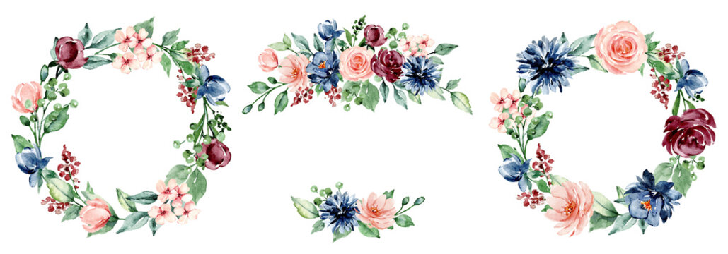 Wreaths set with watercolor flowers hand painting, floral vintage pink and blue flowers. Illustrations for poster, greeting card, birthday, wedding design. Isolated on white background.
