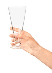 Hand with empty glass on white background
