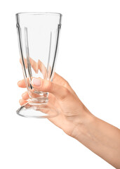Hand with empty glass on white background