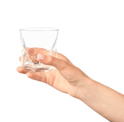 Hand with empty glass on white background