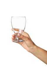 Hand with empty glass on white background