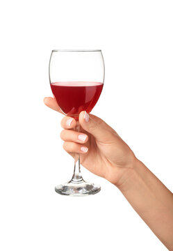 Hand with glass of wine on white background