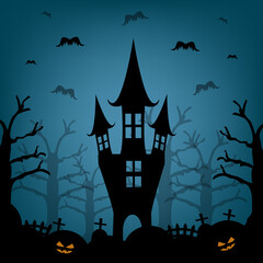 Halloween night with castle in cemetery. Halloween background. Vector illustration.