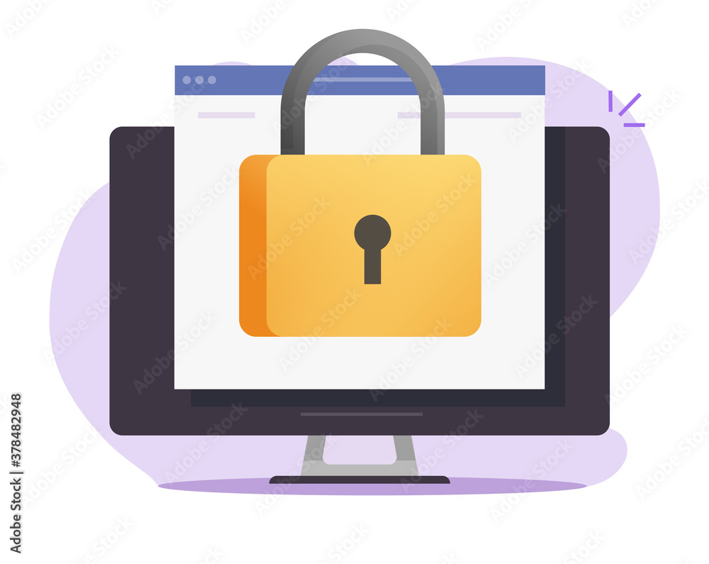 Poster computer secure online lock closed vector, internet privacy web access protected desktop pc via padl
