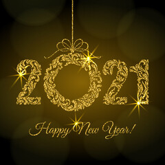 Happy New Year 2021. Decorative Font made of swirls and floral elements. Golden glitter Numbers and Christmas wreath with sparks on a dark background and bokeh.