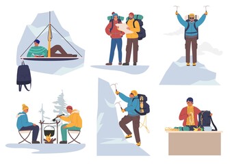 Fototapeta premium Mountain climber cartoon character set, flat vector illustration. People climbing rock wall, sitting near campfire, taking rest. Mountain climbing, extreme sport, outdoor adventure, mountaineering.