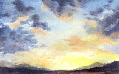 watercolor illustration of sunset sky with clouds. hand paint nature background