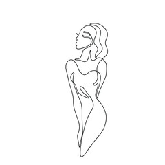 Woman abstract silhouette, continuous line drawing, small tattoo, print for clothes and logo design, emblem or logo design, isolated vector illustration.