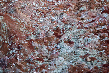 textures of various clay layers underground in  clay quarry after  geological study of  soil. colored layers of clay and stone in  section of  earth, different rock formations and soil layers.