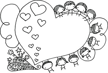 vector cartoon boys and girls standing on the heart shape