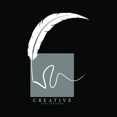 feather pen logo white with square dark grey vector design template