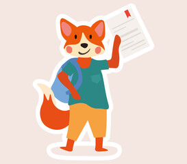 Happy successful cartoon fox student with certificate or diploma in his hand in an education concept, colored vector illustration