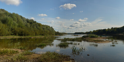 
Summer fishing on the Desna river, beautiful panorama. 