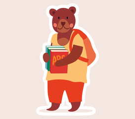 Cute little cartoon bear student with backpack and books on his way to school, colored vector illustration