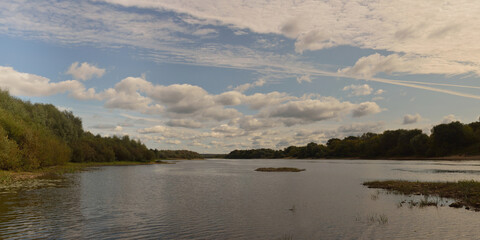 
Summer fishing on the Desna river, beautiful panorama. 