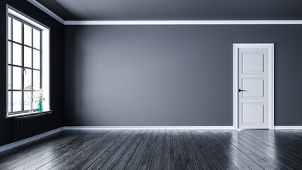 Classic empty room interior in minimalist style, the room has wooden floors and gray walls, there is a window and a door