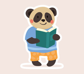 Adorable little smiling panda student holding an open text book in an education concept, colored vector illustration