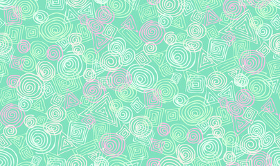 Abstract geometric hand-drawn seamless pattern of randomly scattered spiral circles, triangles and squares. Vector doodle background in pastel colors.