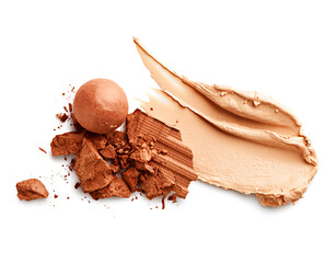 Makeup foundation smear and face powder isolated on white background