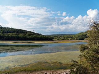 Colorful landscape of Carcès lake in Provence var with low water level, pumping water in september after a very hot and dry summer
