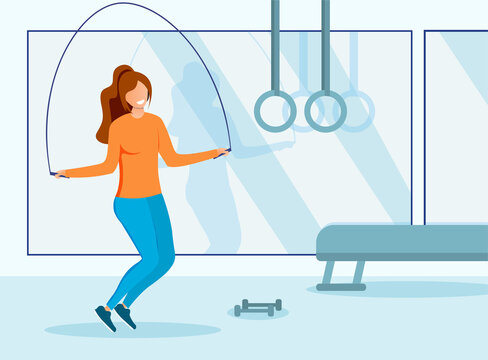 Health and fitness concept with girl in a gym working out with a skipping rope, colored vector illustration