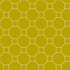 Contemporary tessellated repeating octogon and squares pattern of white linear shape outlines on a gold background, geometric vector illustration