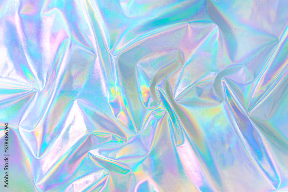 Aufkleber abstract modern pastel colored holographic background in 80s style. crumpled iridescent foil textile
