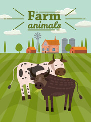 Cow and bull are farm animals. Rural landscape background