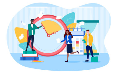 Business team working to a Deadline with the minutes counting down on a clock and woman running in an efficiency and time management concept, colored vector illustration