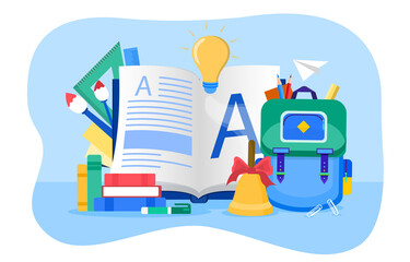 Learning and education concept with open book with alphabet surrounded by school accessories, backpack, bell and light bulb, colored vector illustration