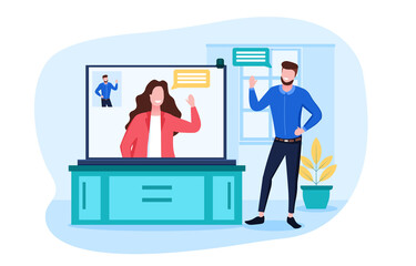 Online communication concept with a young man and woman using a chat function on a laptop computer, colored vector illustration