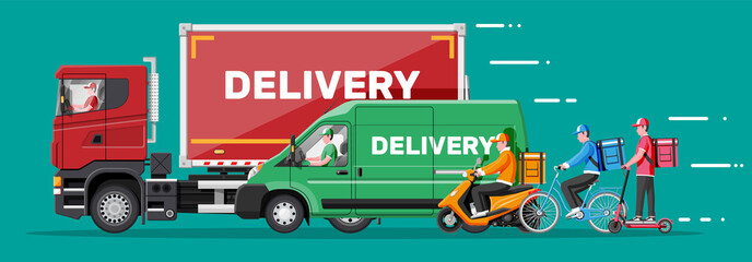 Set of delivery man on van truck, scooter, motorbike, bicycle. Fast and free delivery in city. Male courier with parcel box with goods products, food. Cargo, logistic. Cartoon flat vector illustration