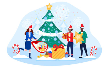 Pedestrians rushing with gifts at Christmas placing them at the foot of the Xmas tree outdoors in the winter snow, colored vector illustration