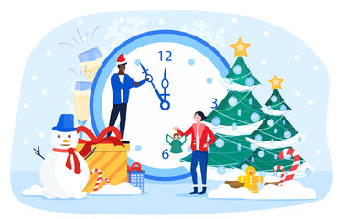Countdown to the New Year with clock approaching midnight and diverse young couple surrounded by gifts, snowman, and Christmas trees, colored vector illustration