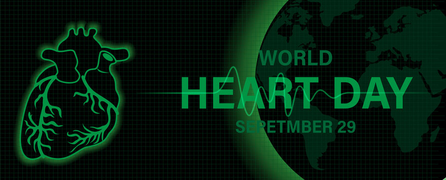 Human Heart With Heart Rate And  The Day And Name Of Event On Globe And Black Background. Poster Campaign Of World Heart Day In Green Monotone Color Look Like Heart Rate Monitor Design.