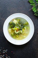 soup broccoli vegetables first course no meat vegan broth serving size vegetarian top view place for text copy space keto or paleo diet food background rustic