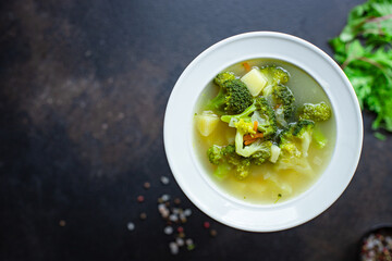 soup broccoli vegetables first course no meat vegan broth serving size vegetarian top view place for text copy space keto or paleo diet food background rustic