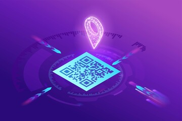 GPS navigation by using QR code, mobile application to find location on the map, tag scanning to identify the place, 3d isometric vector illustration, purple gradient - 378488560