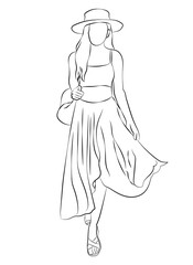 Beautiful woman dressed in boho style clothes. Full-length human figure. Line drawing. Sketch. Line art. Silhouette of a man. Isolated vector illustration.