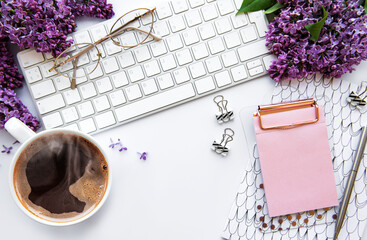 Flat lay, top view office table desk