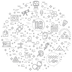 Fototapeta na wymiar Simple Set of hobby and free time Related Vector Line Illustrations. Contains such Icons as hobbies, activities, sport, art, gaming, ball, book and more. 