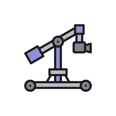 Digital movie camera on dolly rails flat color line icon.