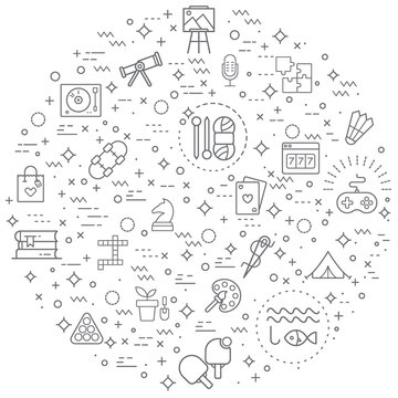 Simple Set of hobby and free time Related Vector Line Illustrations. Contains such Icons as hobbies, activities, sport, art, gaming, ball, book and more. 