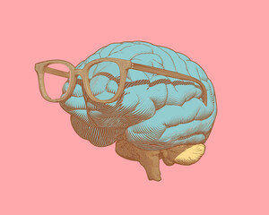 Engraving brain with eyeglasses illustration on pink BG
