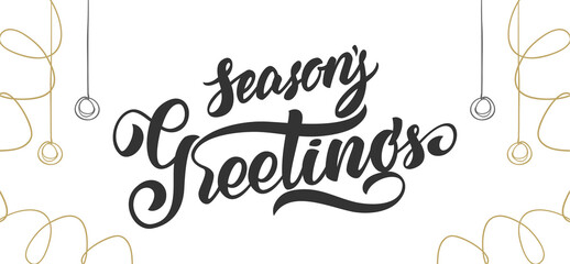 Handwritten elegant modern brush lettering of Season's Greetings with golden decoration on white background.